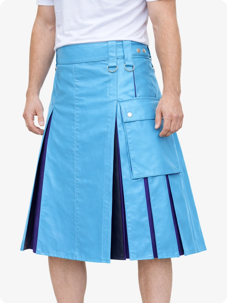 Sky Blue kilt with purple accents worn by a person on a white background