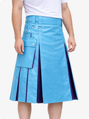 Sky Blue kilt with purple accents worn by a person on a white background