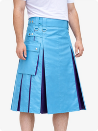 Sky Blue kilt with purple accents worn by a person on a white background