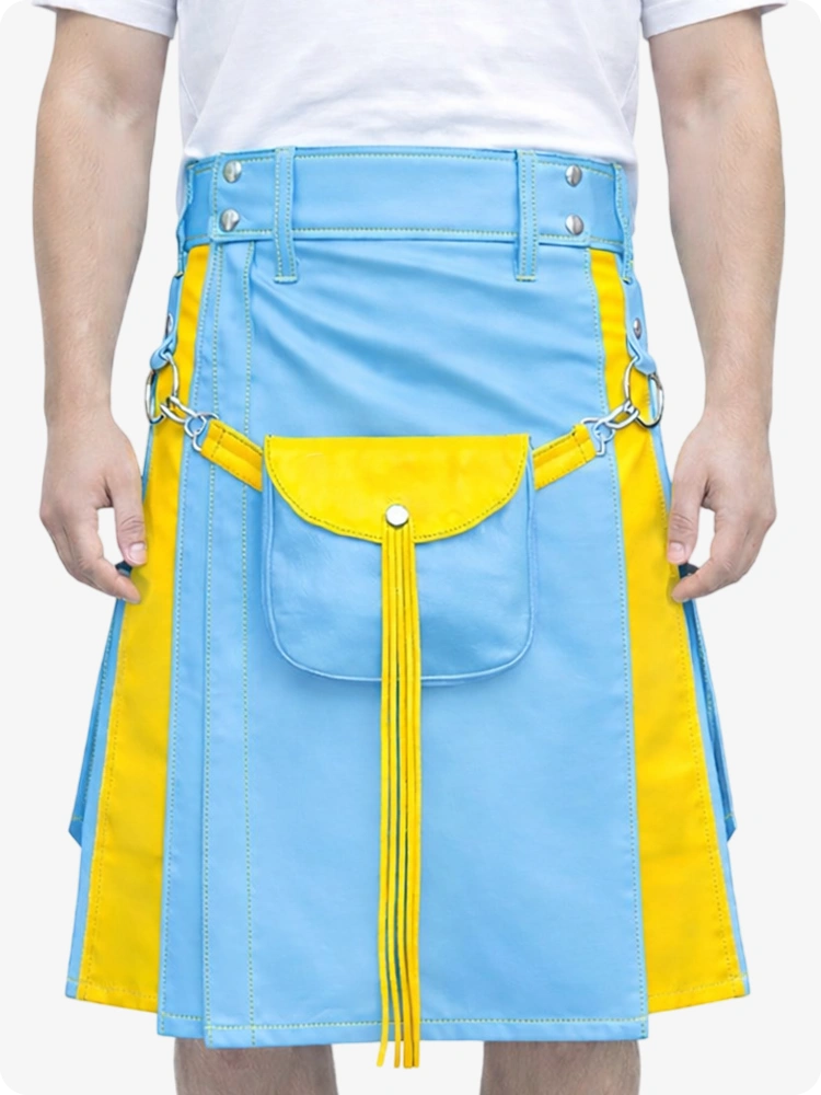 Himmelblauer Leder Utility Kilt mit gelben Akzenten & abnehmbaren Taschen