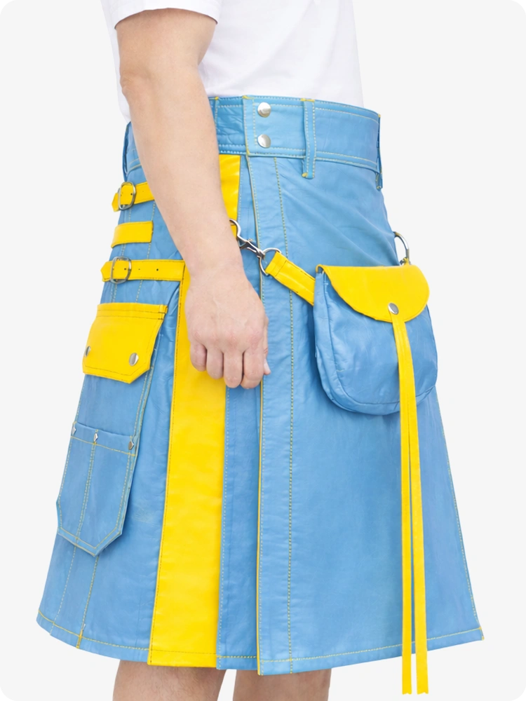 Himmelblauer Leder Utility Kilt mit gelben Akzenten & abnehmbaren Taschen