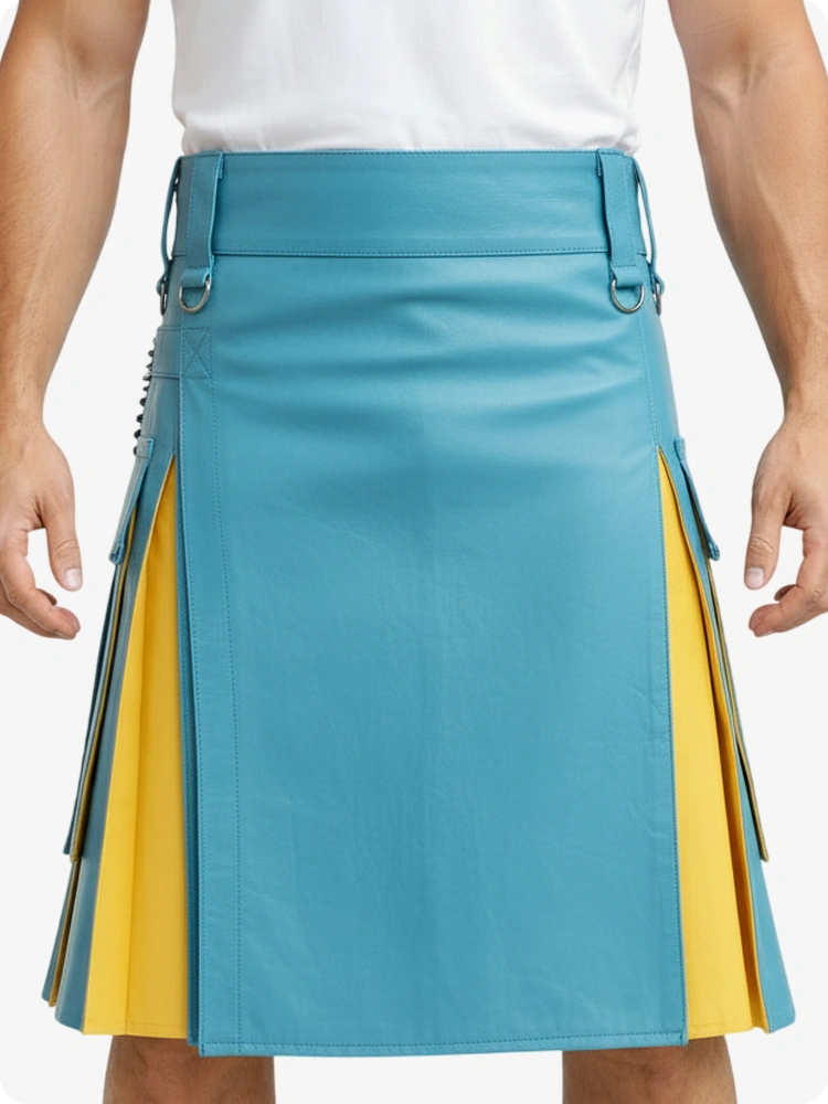 Himmelblau & Gelb Leder Utility Kilt mit Cargotaschen