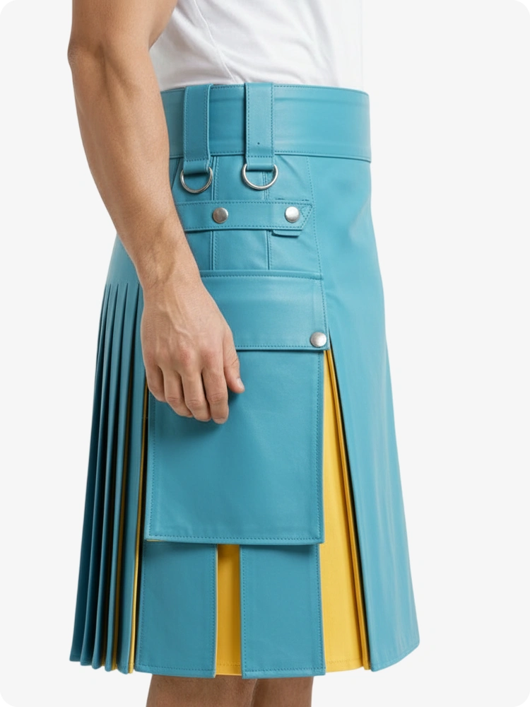 Himmelblau & Gelb Leder Utility Kilt mit Cargotaschen