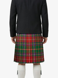 Person wearing a black jacket and red plaid kilt on a white background