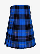 Blue and black plaid kilt on a white background