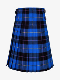 Blue and black plaid kilt on a white background
