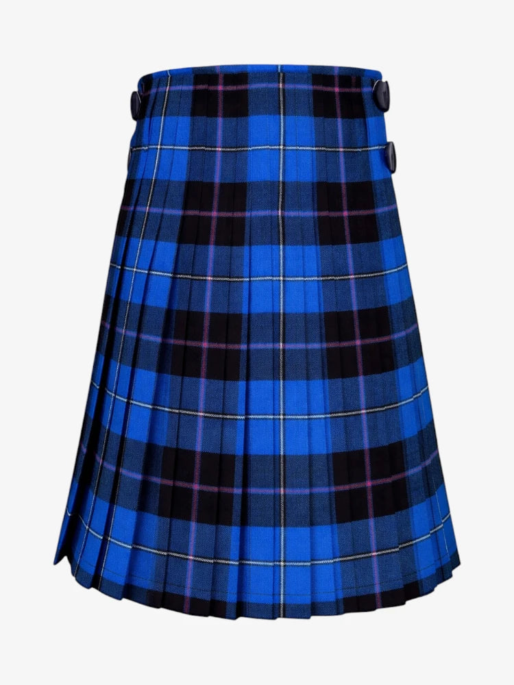Blue and black plaid kilt on a white background