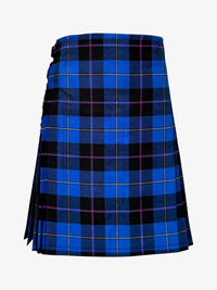 Blue and black plaid kilt on a white background