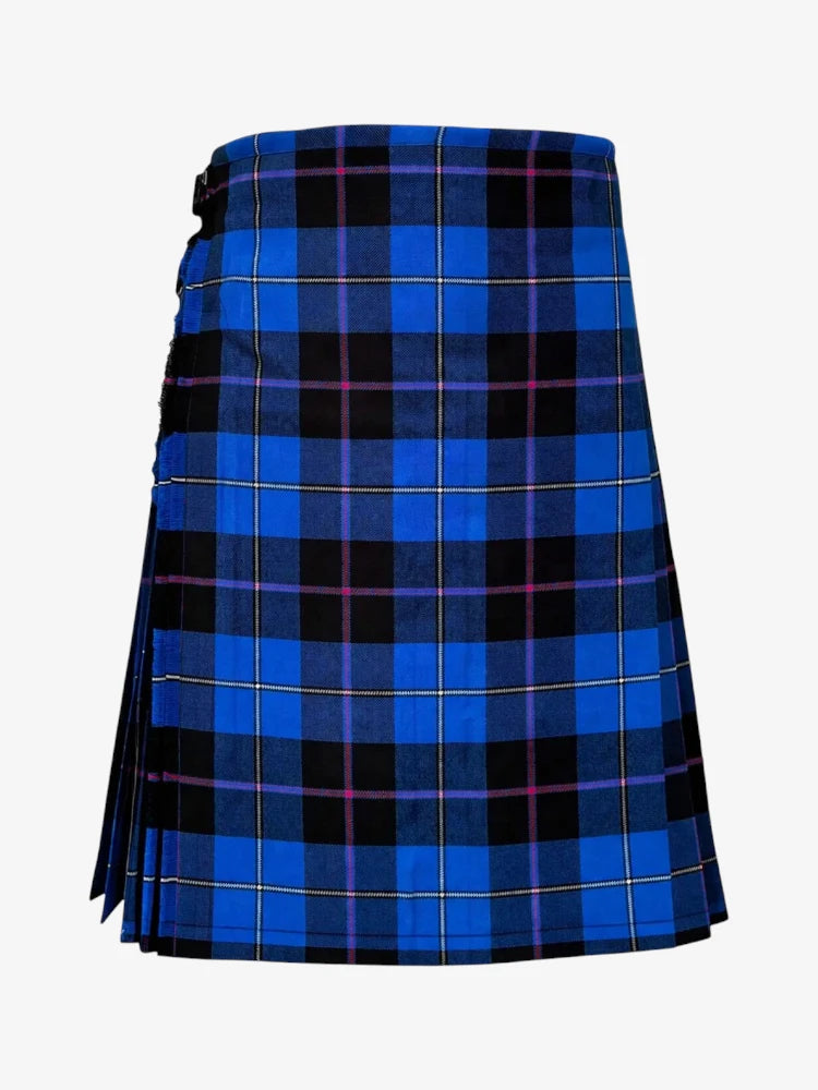 Blue and black plaid kilt on a white background