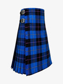 Blue and black plaid kilt on a white background
