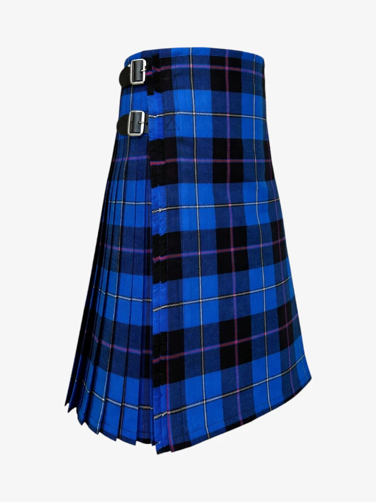 Blue and black plaid kilt on a white background