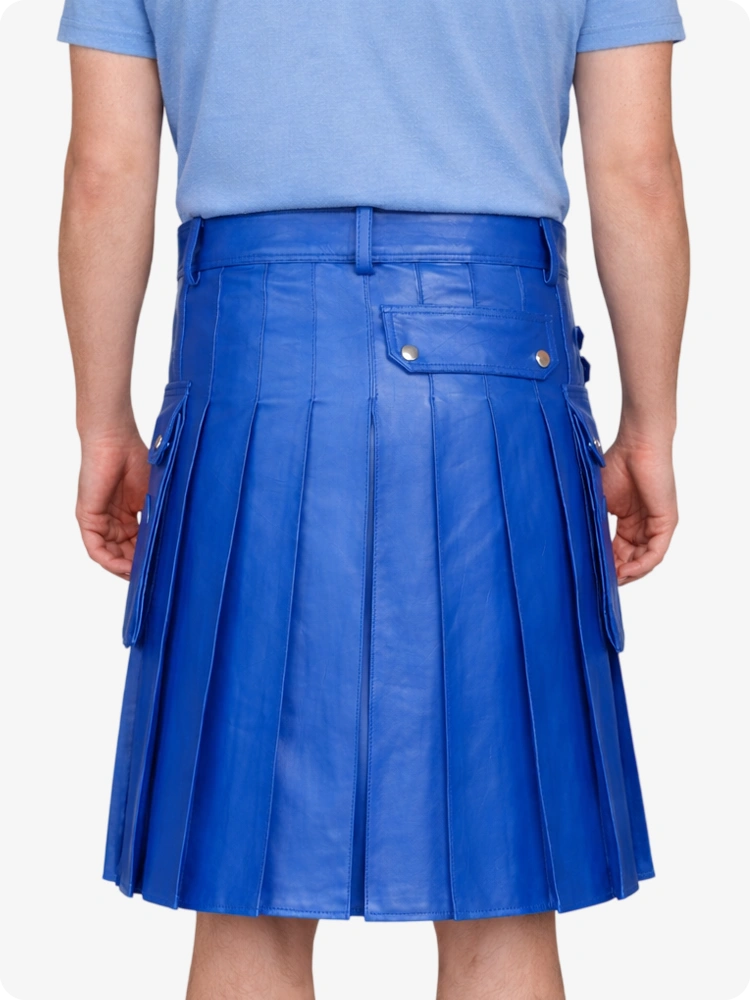 Standardblauer Utility-Kilt aus echtem Leder mit Seitentaschen