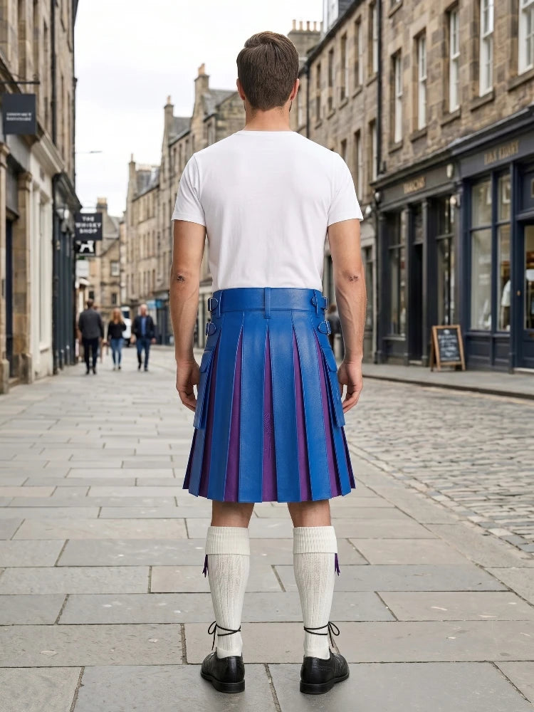 Standard Blue Leather Kilt With Purple Pleats Back