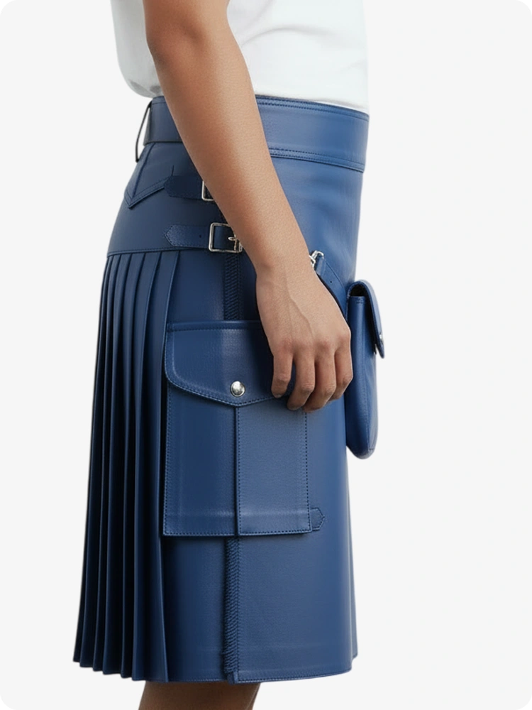 Standard Blauer Leder Faltenkilt mit Gürtelschlaufen & Seitenriemen