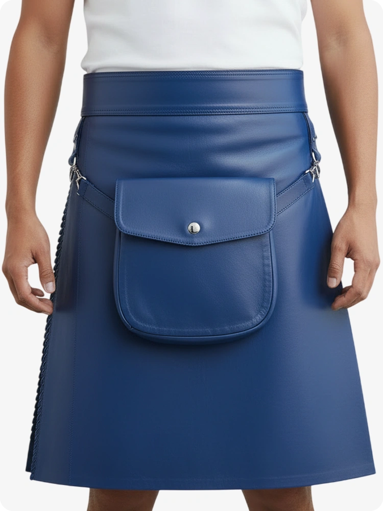 Standard Blauer Leder Faltenkilt mit Gürtelschlaufen & Seitenriemen