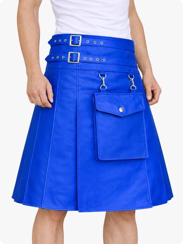 Standard-Blauer Leder-Utility-Kilt mit Fronttasche und verstellbaren Schnallenriemen