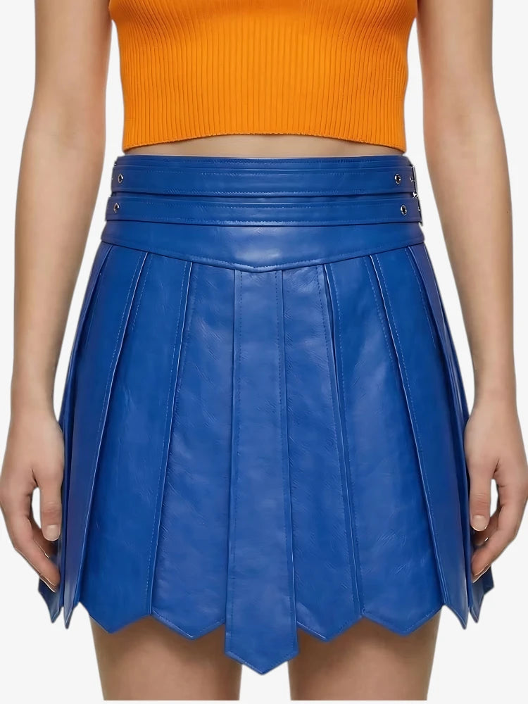 Standard Blauer Damen Leder Highland Kilt mit Verstellbarem Schnallenbund & Klassischen Falten