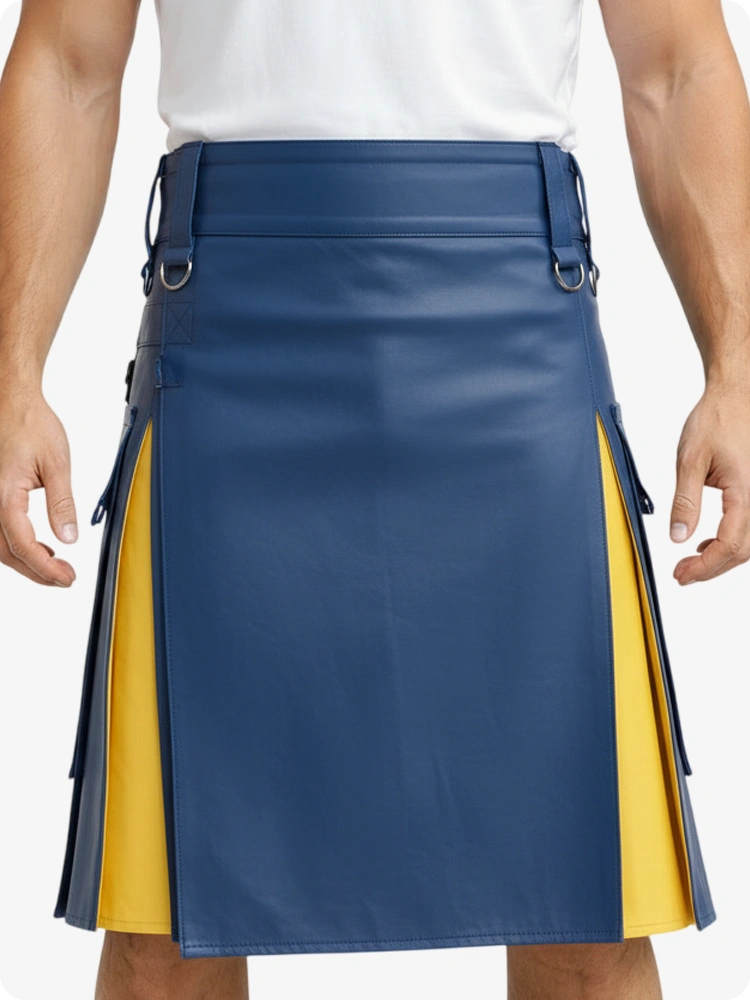 Standard Blau & Gelb Leder Utility Kilt mit Cargotaschen