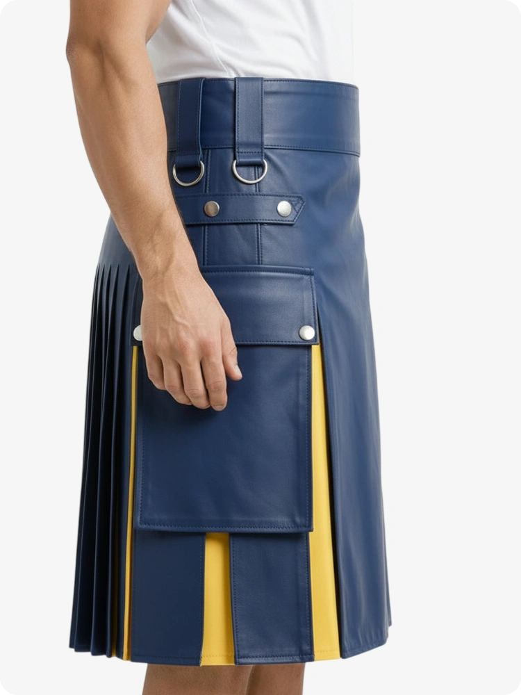 Standard Blau & Gelb Leder Utility Kilt mit Cargotaschen