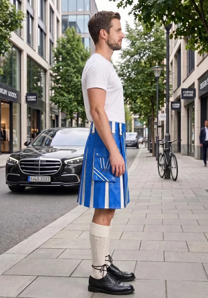 Standard Blue and White Leather Hybrid Utility Kilt right side