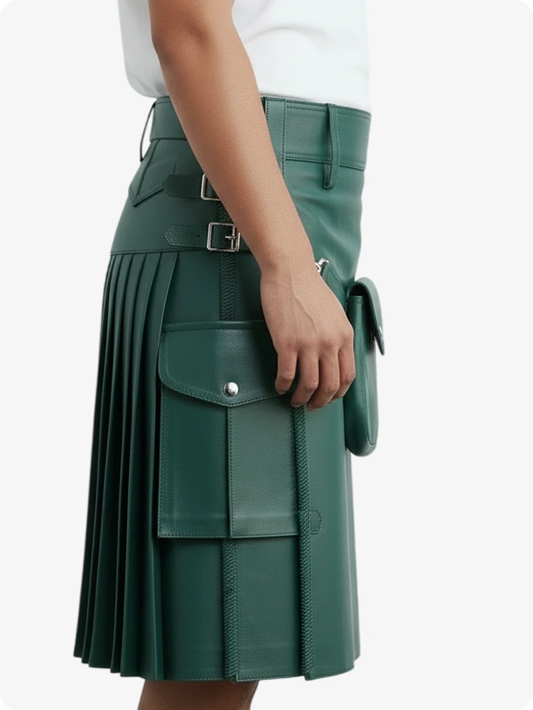 Standard Grüner Leder Faltenkilt mit Gürtelschlaufen & Seitenriemen