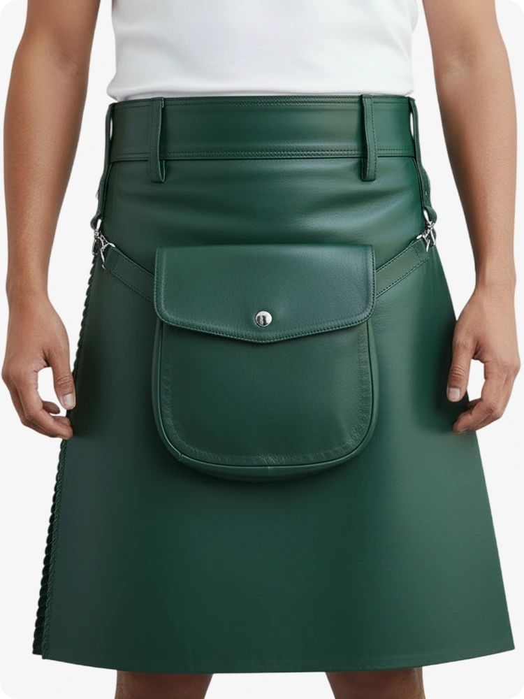 Standard Grüner Leder Faltenkilt mit Gürtelschlaufen & Seitenriemen