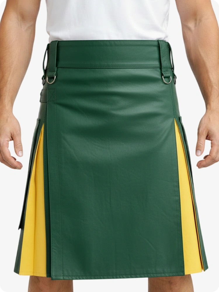 Standard Grün & Gelb Leder Utility Kilt mit Cargotaschen