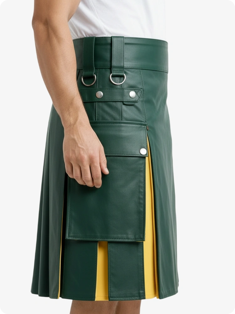 Standard Grün & Gelb Leder Utility Kilt mit Cargotaschen