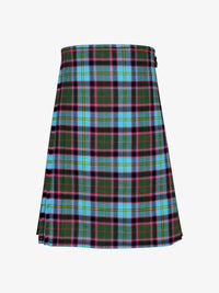 Plaid kilt with green, red, and blue pattern on a white background