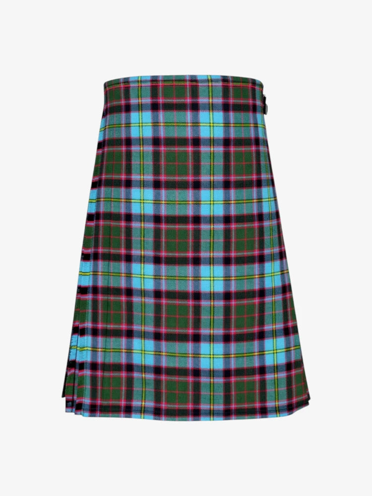 Plaid kilt with green, red, and blue pattern on a white background