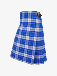 Blue and white plaid kilt with a belt on a white background