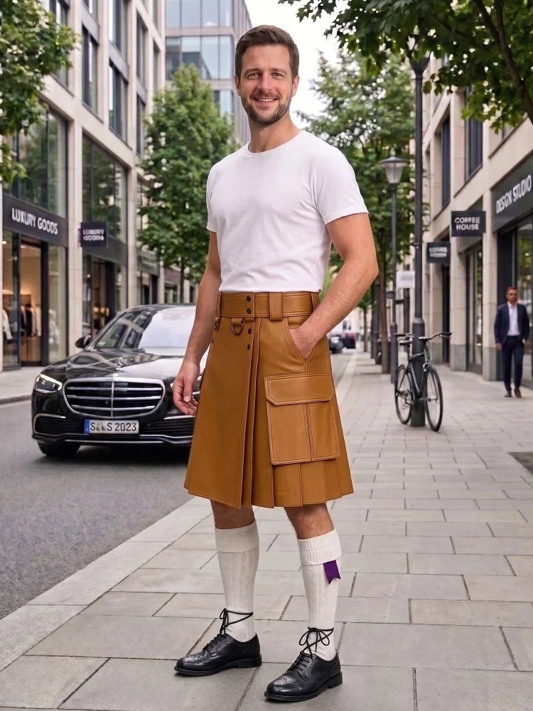 Tan Brown Leather Kilt For Men Tactical Utility Kilts