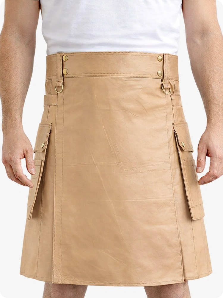 Tanfarbener Echtleder Utility Kilt mit Cargotaschen und D-Ringen
