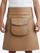 Tan leather skirt with a front pocket on a white background
