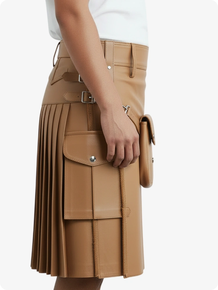 Tan Leder Faltenkilt mit Gürtelschlaufen & Seitenriemen