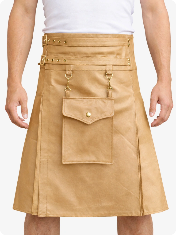 Hellbrauner Leder-Utility-Kilt mit Fronttasche und verstellbaren Schnallenriemen