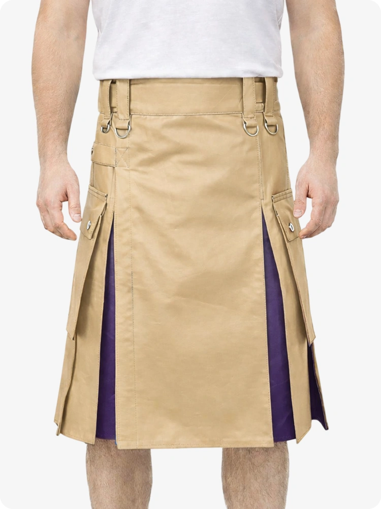 Tan Leather Utility Kilt with Purple Pleats, Side Pockets & D-Ring Hardware