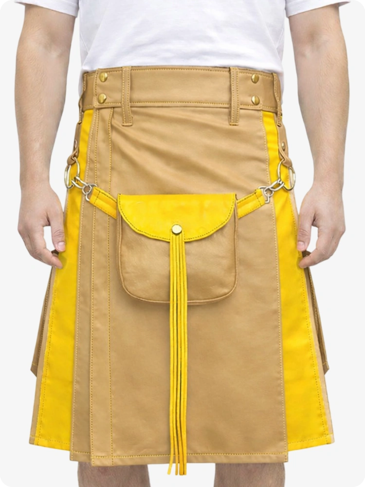 Tannfarbener Leder Utility Kilt mit gelben Akzenten & abnehmbaren Taschen