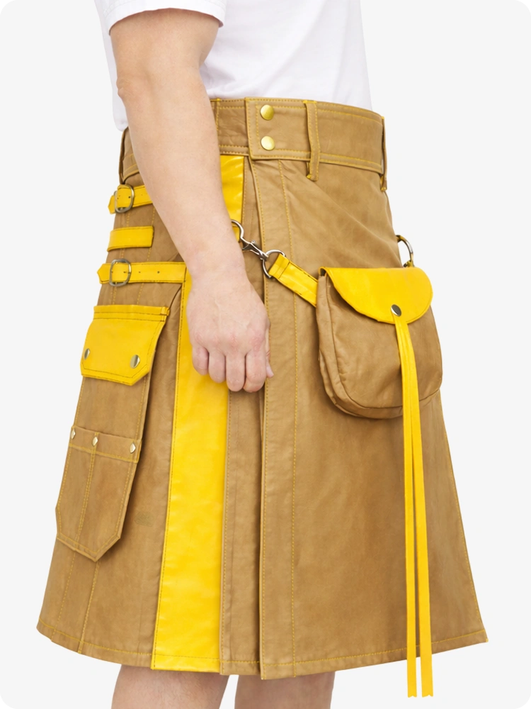 Tannfarbener Leder Utility Kilt mit gelben Akzenten & abnehmbaren Taschen