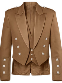 A structured camel brown double-breasted blazer with silver metallic square buttons and shoulder epaulets, shown against a plain white background.