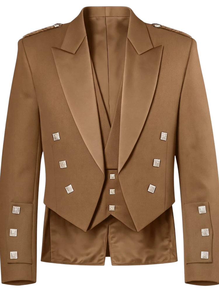A structured camel brown double-breasted blazer with silver metallic square buttons and shoulder epaulets, shown against a plain white background.