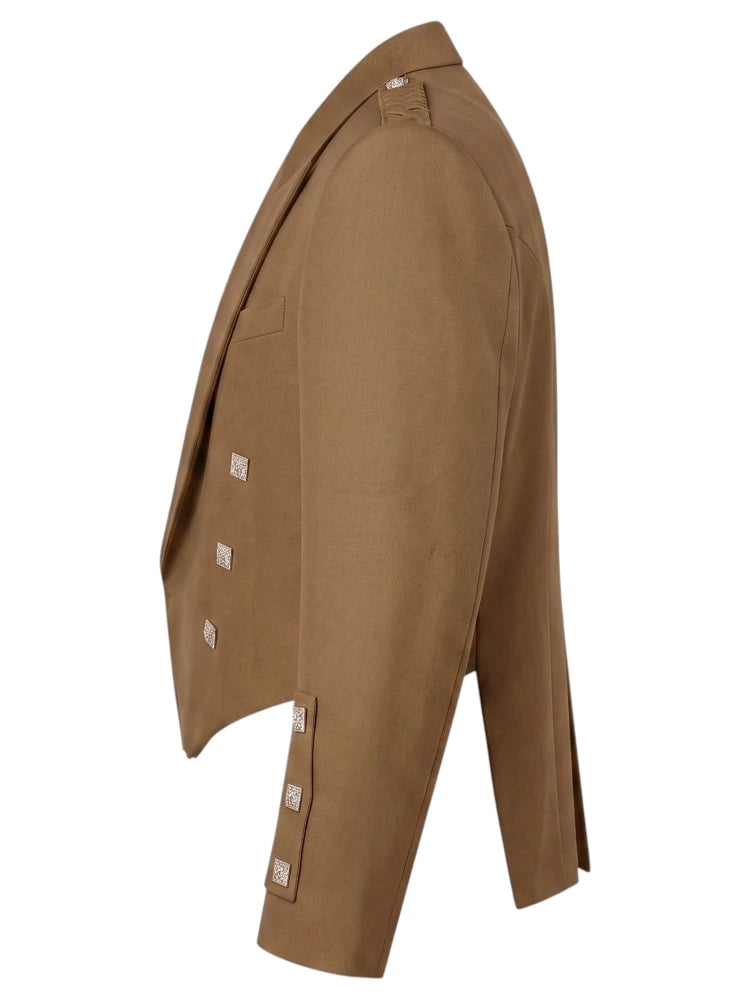 A side profile view of a tan double-breasted blazer with decorative silver-tone buttons, shown against a plain white background.