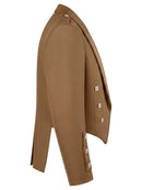 A camel brown blazer shown from a side profile view, featuring decorative silver-toned square buttons on the lapels and cuffs, set against a plain white background.