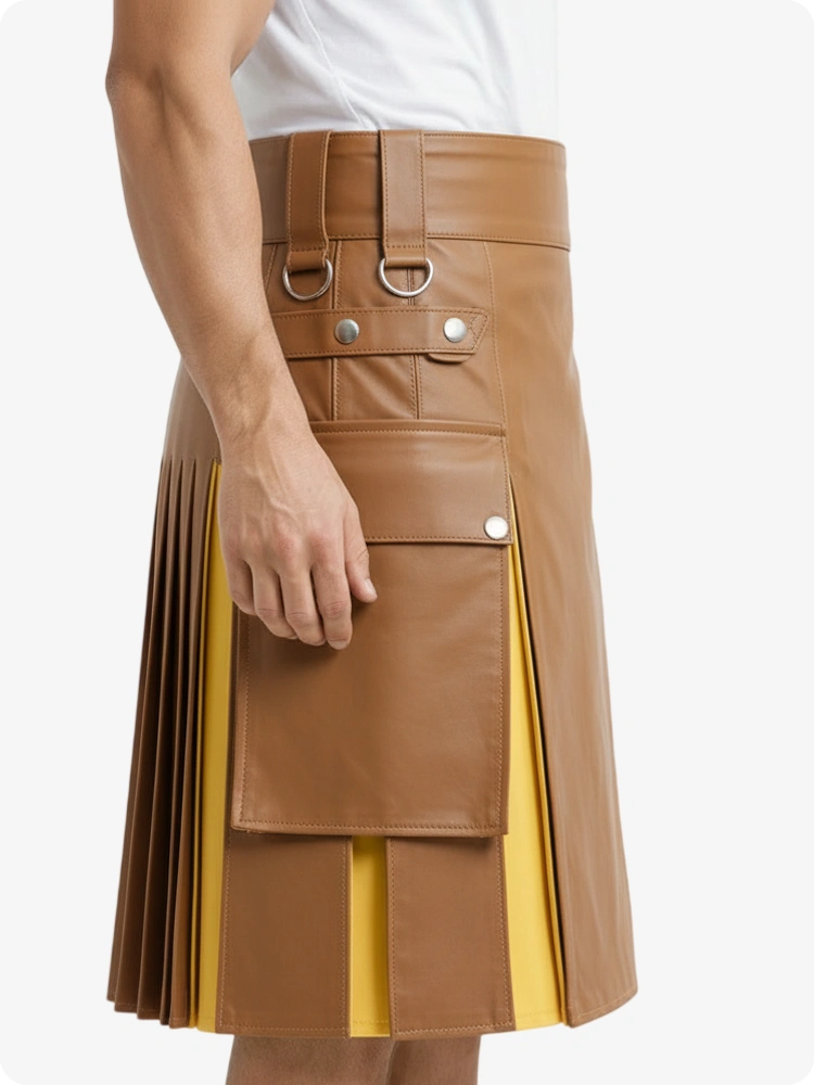 Braun & Gelb Leder Utility Kilt mit Cargotaschen