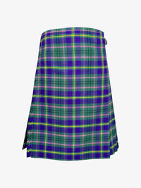 Plaid kilt with green, purple, and pink colors on a white background
