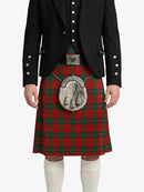 Person wearing a black jacket with silver buttons and a red tartan kilt on a white background