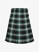 Plaid kilt with green, black, and purple pattern on a white background