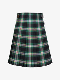 Plaid kilt with green, black, and purple pattern on a white background