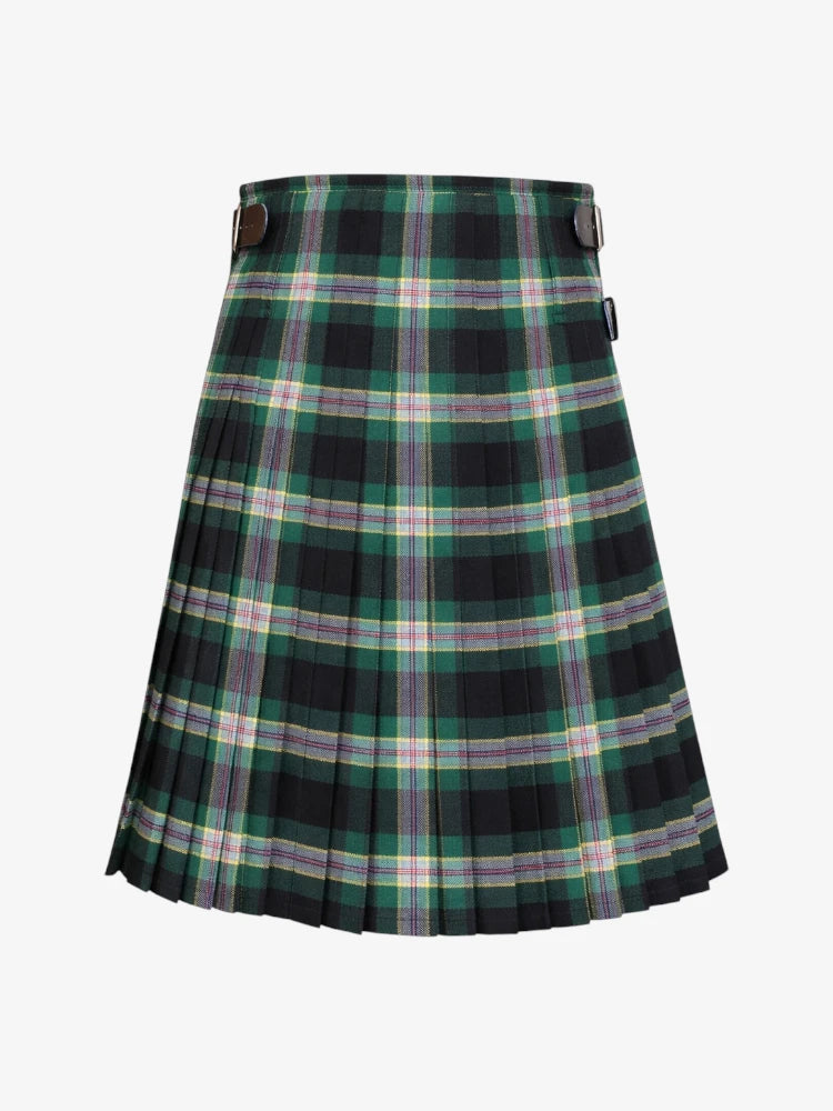 Plaid kilt with green, black, and purple pattern on a white background