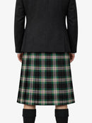 Person wearing a black jacket and plaid kilt on a white background